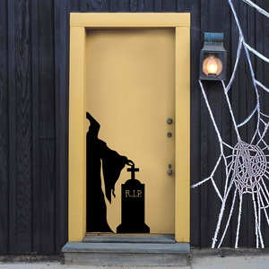 Vinyl Wall Art Decal - Grim Reaper and Grave - 43" x 22.5" - Fun Scary Halloween Seasonal Decoration Sticker - Day of The Dead Indoor Outdoor Wall Door Window Living Room Office Decor 660078120095