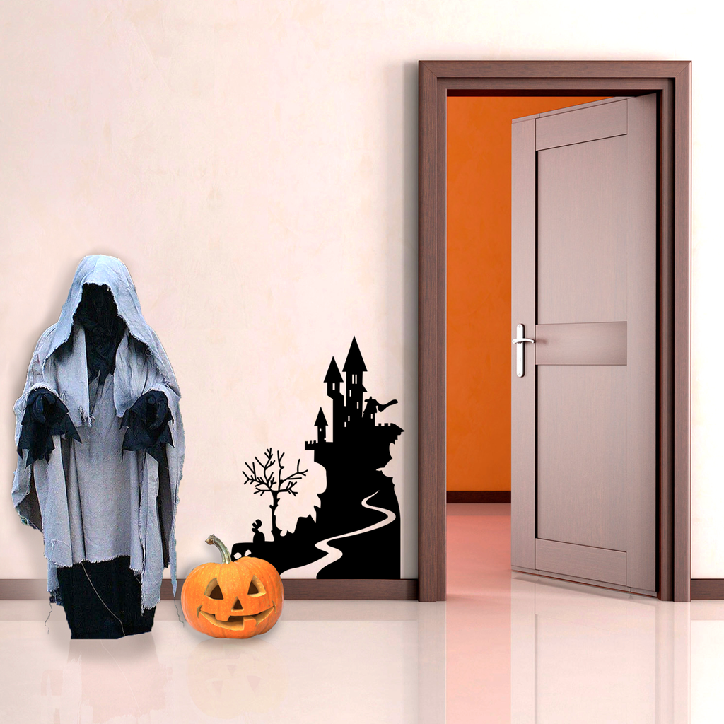 Vinyl Wall Art Decal - Halloween Castle - 30" x 22.5" - Spooky Seasonal Modern Decoration Sticker - Trendy Kids Teens Adults Indoor Outdoor Wall Door Window Living Room Office Decor 660078119983