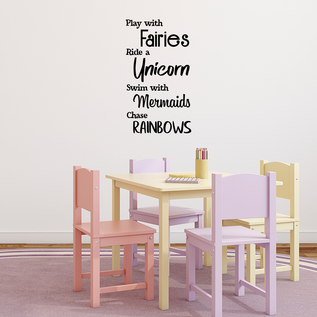 Vinyl Wall Art Decal - Play with Fairies Ride with Unicorns Swim with Mermaids - 40" x 23" - Cute Decor for Girls Toddlers Teens Tweens Bedroom Nursery Adhesive Home Decor - Removable Sticker Decals 660078115565