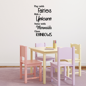 Vinyl Wall Art Decal - Play with Fairies Ride with Unicorns Swim with Mermaids - 40" x 23" - Cute Decor for Girls Toddlers Teens Tweens Bedroom Nursery Adhesive Home Decor - Removable Sticker Decals 660078115565