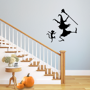 Vinyl Wall Art Decal - Dancing Witch and Cat - 24.5" x 23" - Fun Halloween Theme Seasonal Decoration Sticker - Indoor Outdoor Wall Door Window Living Room Office Decor 660078119747