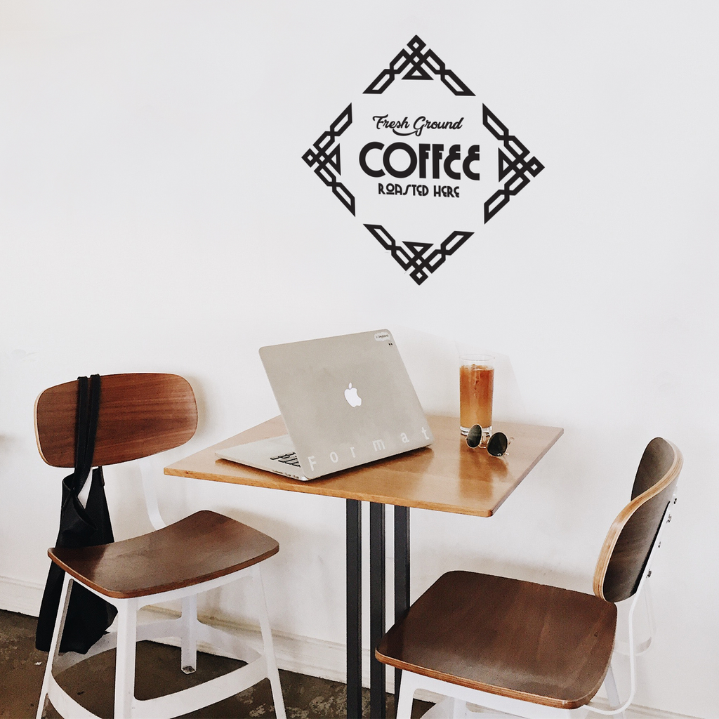 Fresh Ground Coffee Roasted Here - Wall Art Decal 23" x 23" - Cafe Wall Decor - Coffee Lovers Gifts - Coffee Wall Art Decoration - Kitchen Wall Decor 660078089576