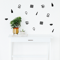 Makeup Set of 16 Vinyl Art Wall Decals - 1" to 4" Each - Vinyl Wall Stickers - Beauty Trend Vinyl Stickers - Bedroom Dorm Room Vinyl Stickers - Fashion Wall Art Vinyl Sticker Decor 660078099407
