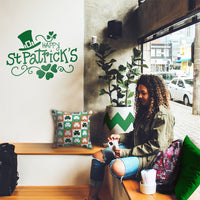 St Patrick's Day Vinyl Wall Art Decal - Happy St Patrick's Hat and Clovers - 23" x 16" - St Patty's Holiday Home Living Room Bedroom Office Workplace Apartment Decor Sticker
