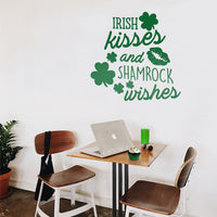 St Patrick's Day Vinyl Wall Art Decal - Irish Kisses and Shamrock Wishes - 23" x 23" - St Patty's Holiday Home Living Room Bedroom Sticker - Coffee Shop Bar Apartment Decor